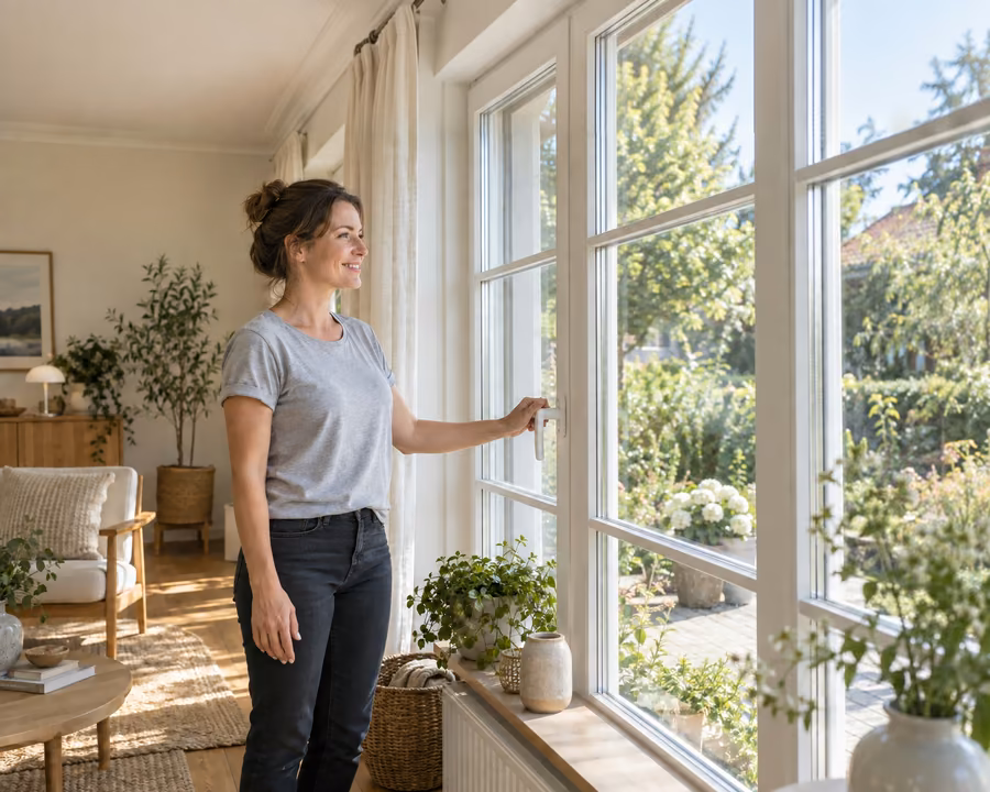 Une femme souriante, la main sur la poignée d'une grande fenêtre, face à un jardin ensoleillé