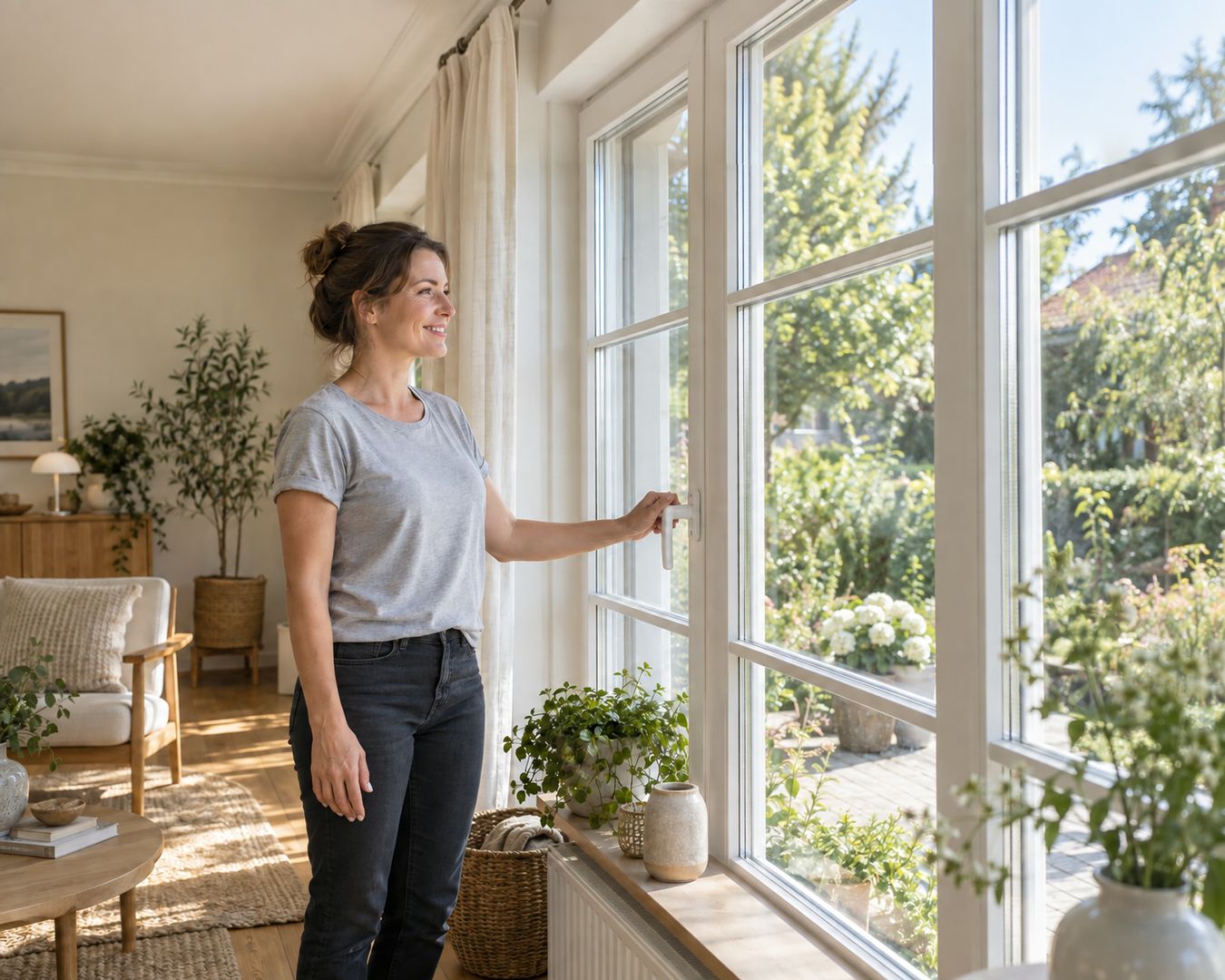 Une femme souriante, la main sur la poignée d'une grande fenêtre, face à un jardin ensoleillé