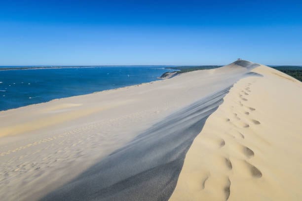 La crête de la dune du Pilat au-dessus du Bassin d'Arcachon, le sable strié par le vent et l'eau turquoise de la passe en contrebas