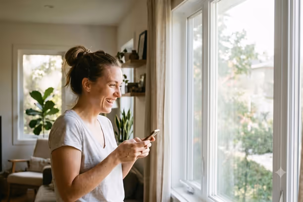 Une femme sourit en consultant son téléphone, près d'une fenêtre