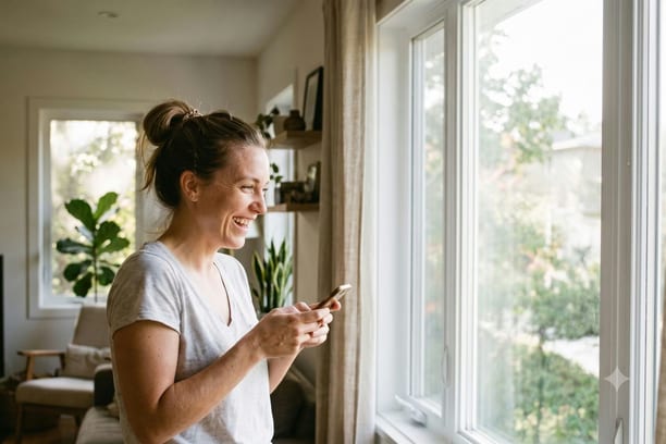 Une femme sourit en consultant son téléphone, près d'une fenêtre