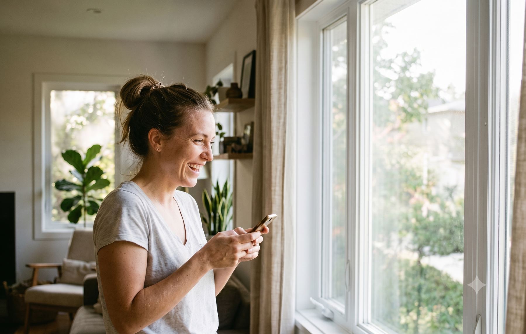 Une femme consulte son téléphone dans un salon lumineux