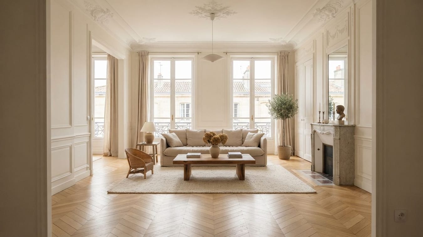 Un grand séjour clair aux murs moulurés et au parquet à chevrons, un canapé de lin devant deux hautes fenêtres