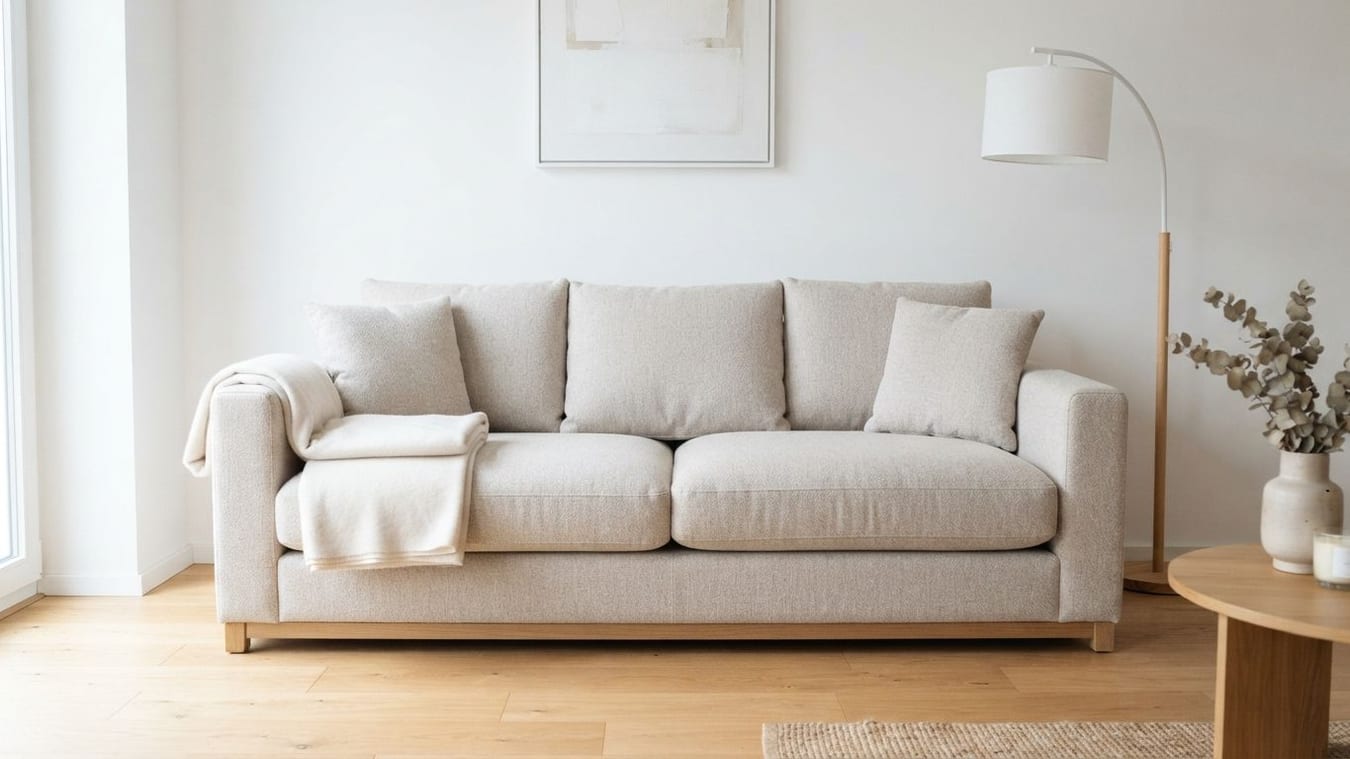 Un canapé en tissu clair et ses coussins, un plaid sur l'accoudoir, devant un mur blanc, un lampadaire à côté