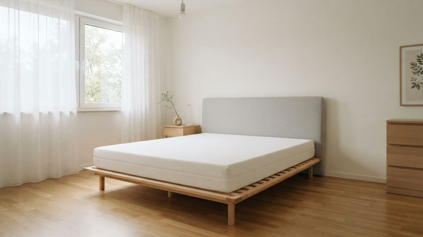 Un matelas blanc nu sur un sommier en bois, contre une tête de lit grise, dans une chambre aux voilages blancs