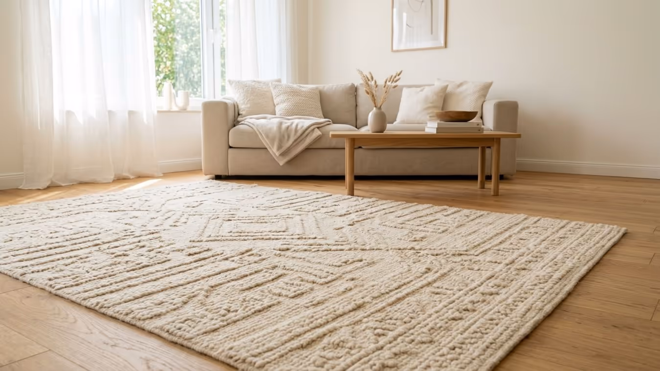 Un grand tapis de laine crème à motifs en relief sur un parquet, devant un canapé clair et une table basse