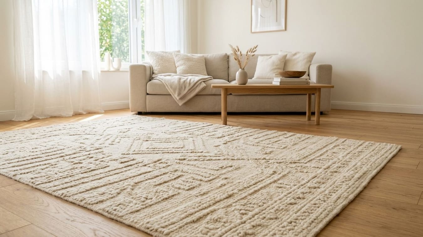 Un grand tapis de laine crème à motifs en relief sur un parquet, devant un canapé clair et une table basse