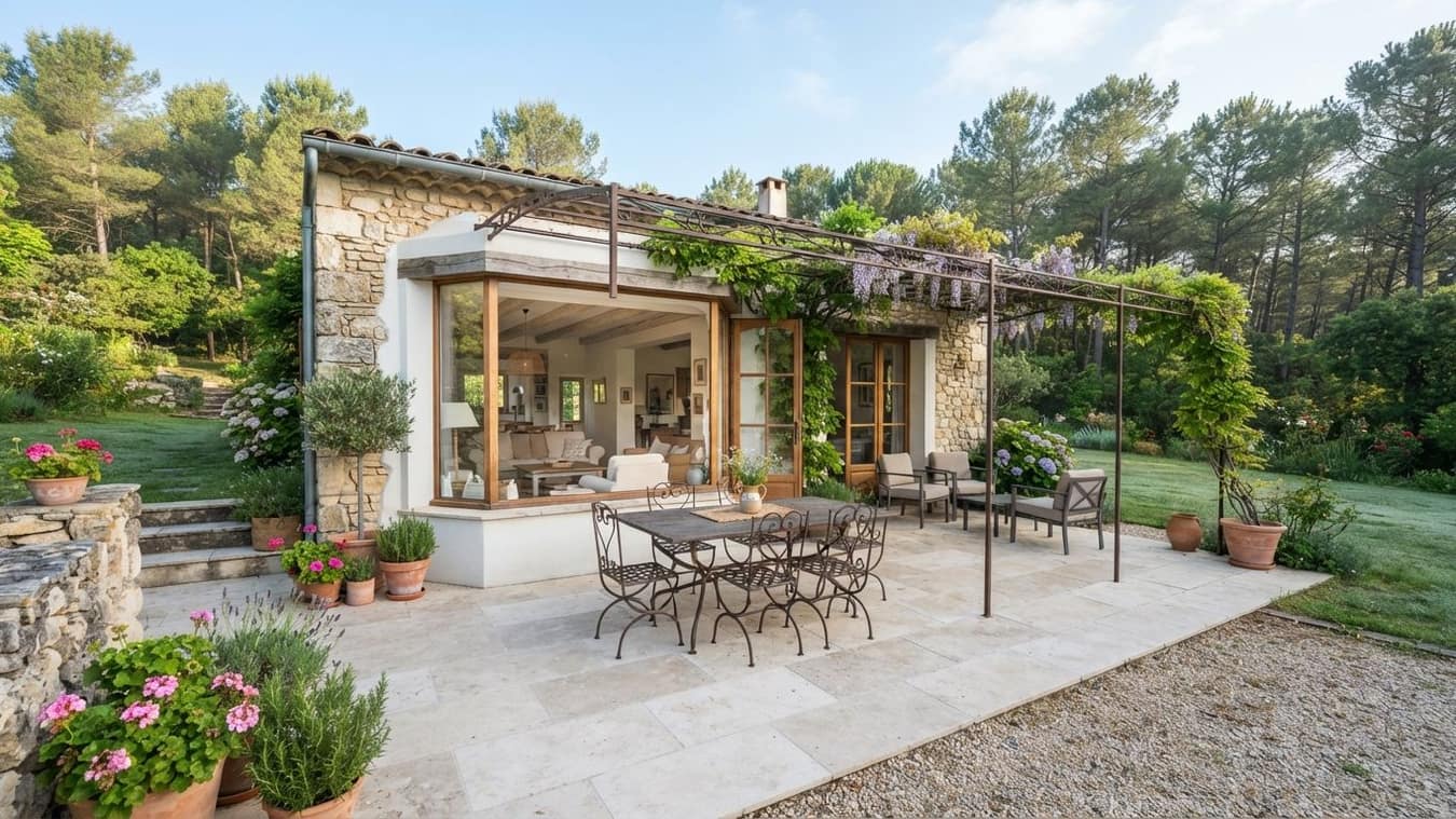 Une terrasse de dalles de pierre claire devant une maison en pierre, une table de jardin sous une pergola, des pins au fond