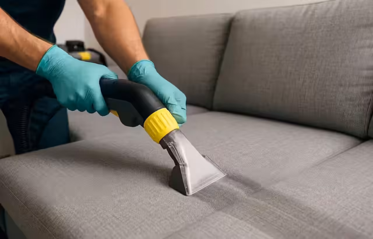 Buse d’injection-extraction passée sur l’assise d’un canapé en tissu gris