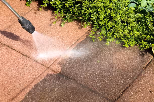 Un jet d’eau sous pression lave des dalles de terrasse rougeâtres, devant une haie