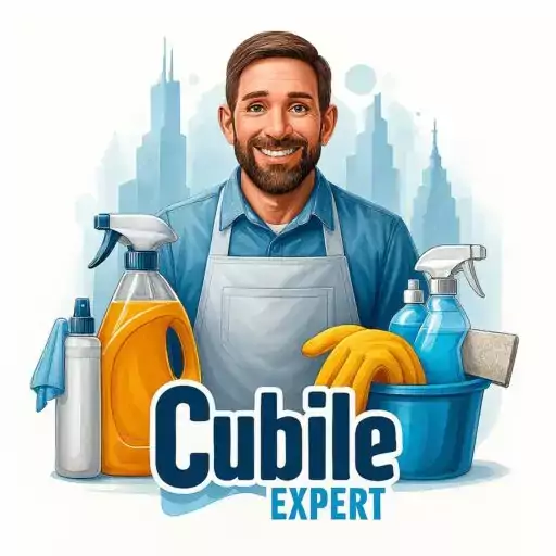 Logo de Cubile Expert, entreprise de nettoyage à domicile à Bayonne. L'image montre le personnage de l'expert Cubile, souriant, avec une casquette et un outil de nettoyage professionnel.
