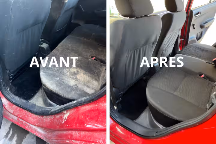 comparatif avant/après du nettoyage des sièges avant d’une voiture, montrant l’habitacle nettoyé et détaché